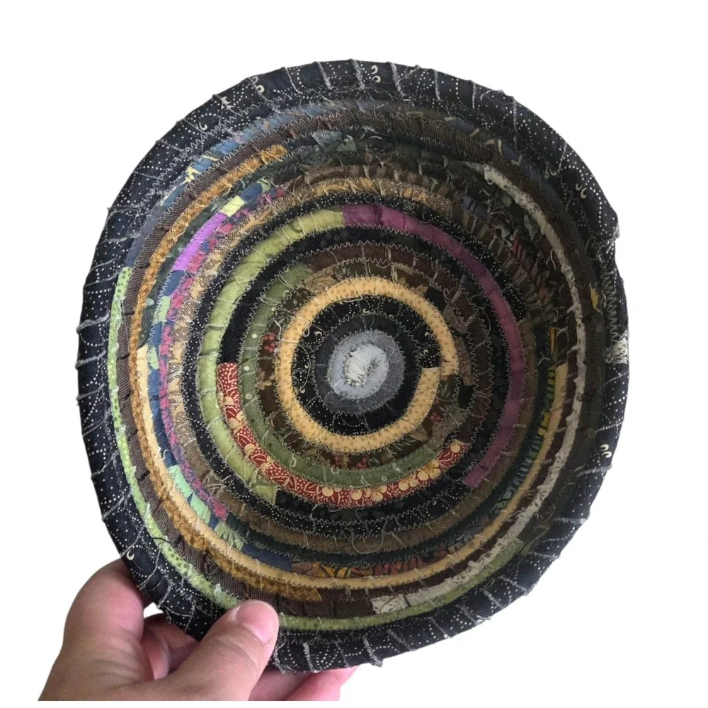 Rag Rug Coiled Rope Fabric Basket Clothesline Bowl Boho Hippie Grandmacore